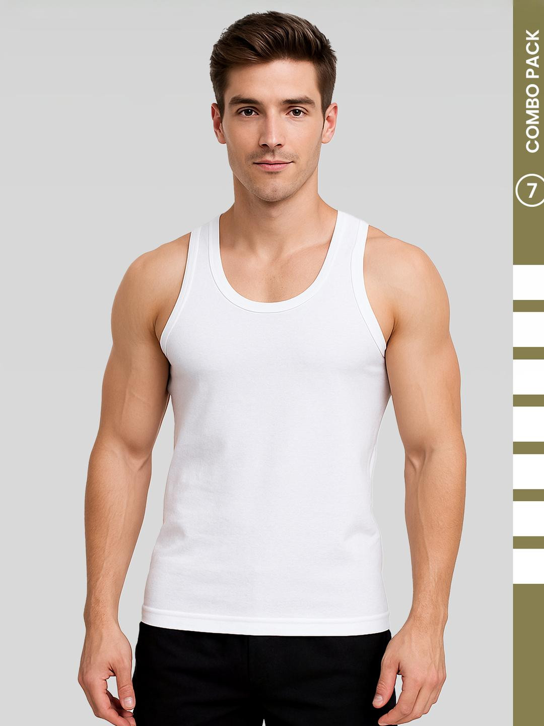 Amul Comfy Men's Cotton White Solid Sleeveless Vest Pack of 7