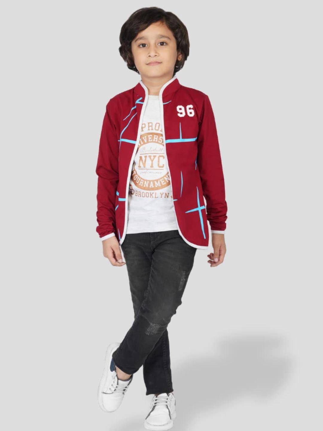 Jam & Sugar Graphic Printed Maroon Tshirt with Jacket for Boys