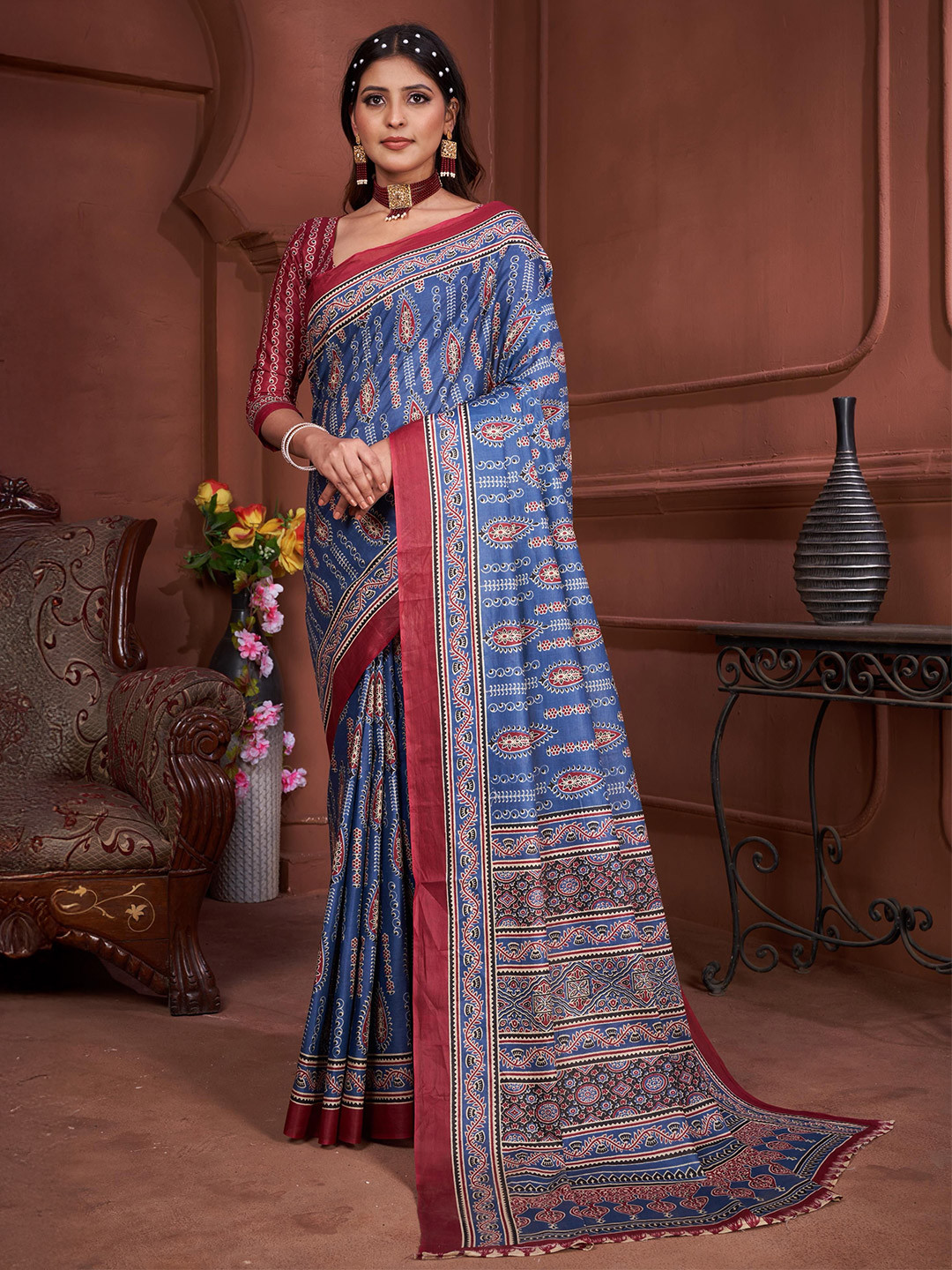 KALINI Ajrak Block Block Print Saree With Contrast Blouse Piece