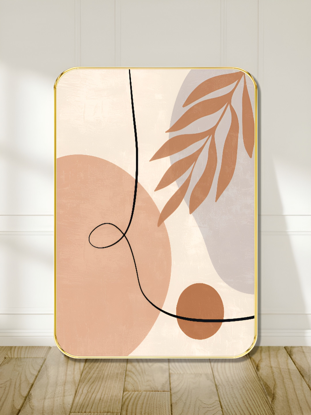 Livin'luxe Brown & Peach-Coloured Minimal Abstract Leaf Line Rectangle Wall Art