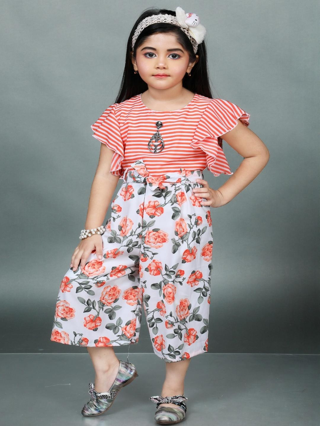 cutexii fashion Girls Orange Floral And Striped Printed Capri Jumpsuit