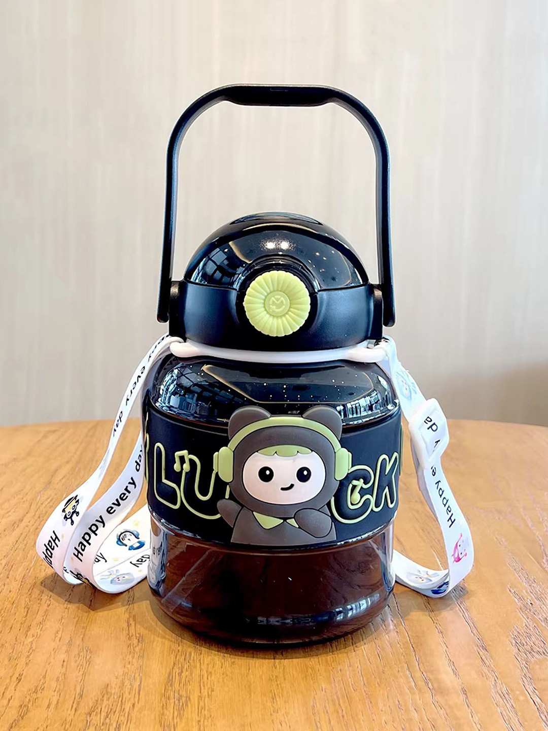 Kritiu Kids Black Cute Patch Sipper Water Bottle - 1000 ml