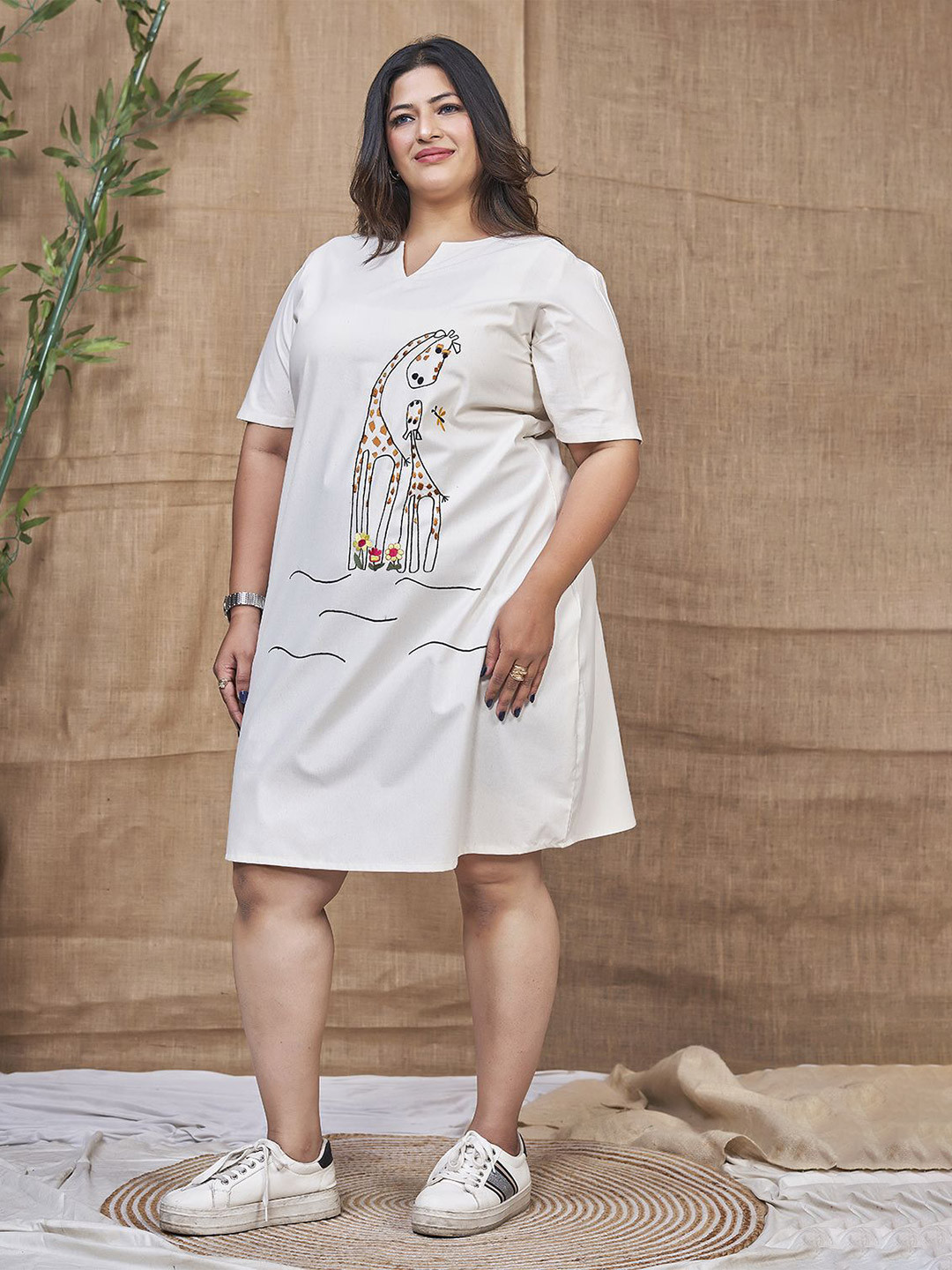 Curvy Lane Women Plus Size Cotton T-shirt Dress With Embroidered Detailed
