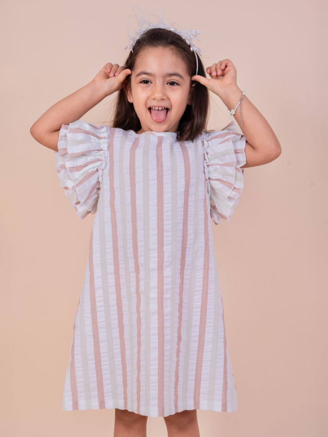 SNUGGLY MONKEY Girls  Striped Printed Flutter Sleeve Layered A-Line Dress