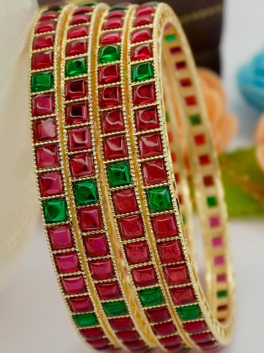 Panini jewels Set of 4 Gold-Plated Red Green Stone Bangles Traditional Festive Combo