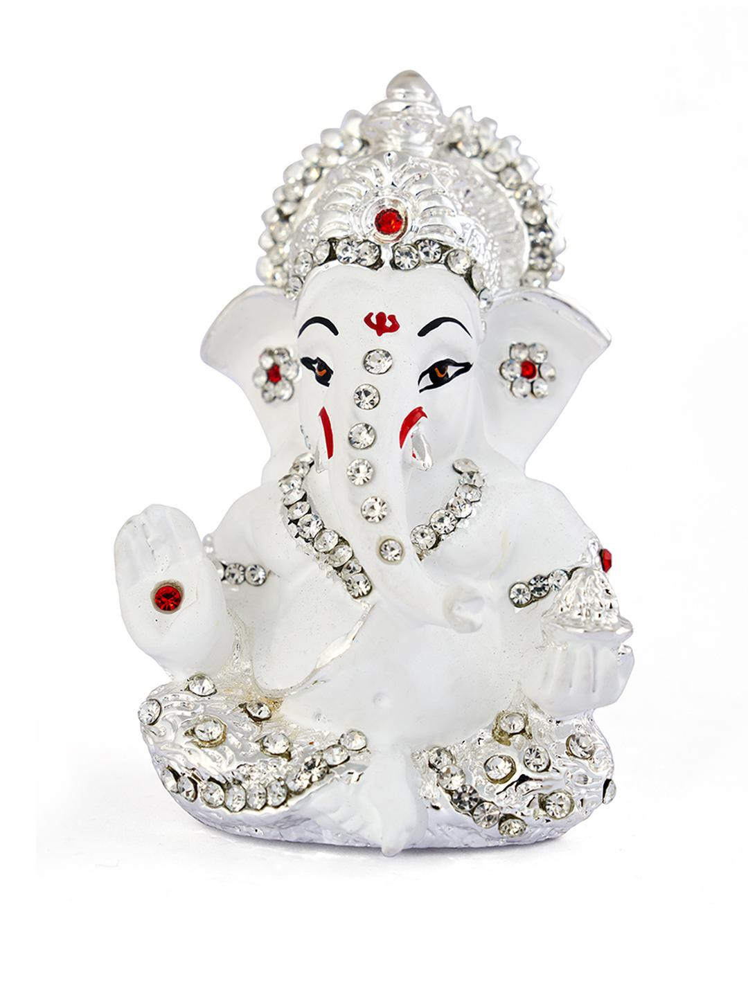 Kulin Resin White Ganesh Idol with Silver Crown