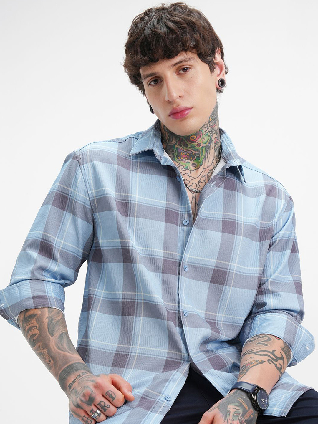 HIGHLANDER Relaxed Fit Checked Spread Collar Shirt