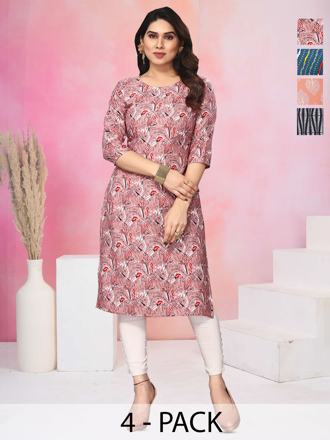 KETAKI FASHION Collection Of 4 Floral Printed Round Neck Crepe Kurta