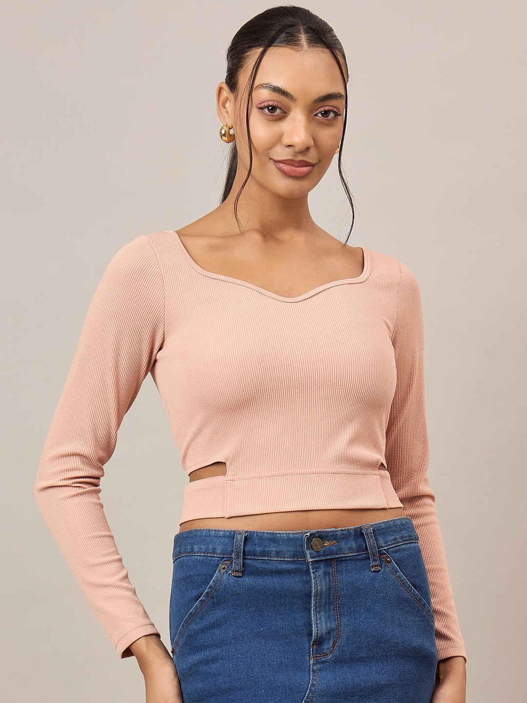 R.Code by The Roadster Life Co. Women Sweetheart Neck Ribbed Cut Out Styling Crop Top