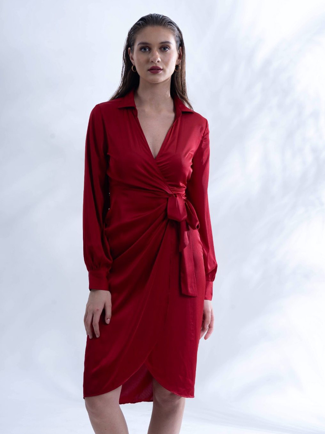 Myclo Subtle Elegance Women Satin Cuffed Sleeves Wrap Midi Dress