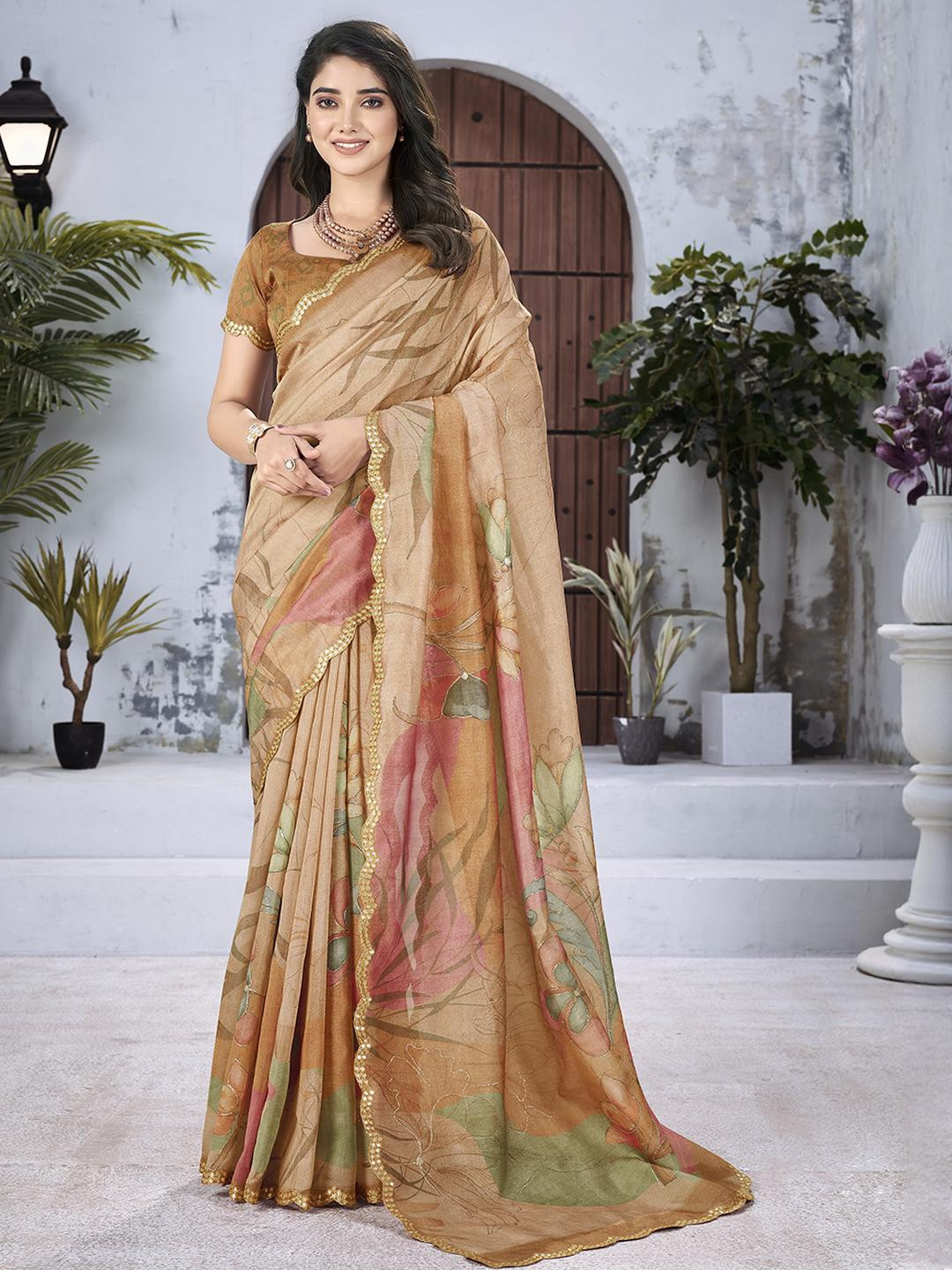 TASRIKA Beige Mirror Scalloped Tissue Organza Saree