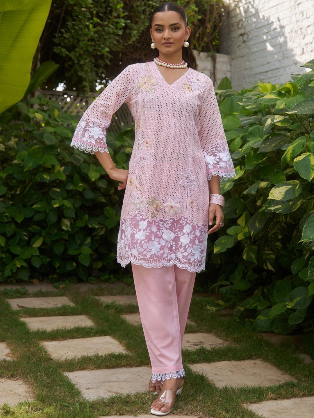 AUTUMN LANE Anumeha Cerise Floral Embroidered Thread Work Pure Cotton Kurta & Trouser