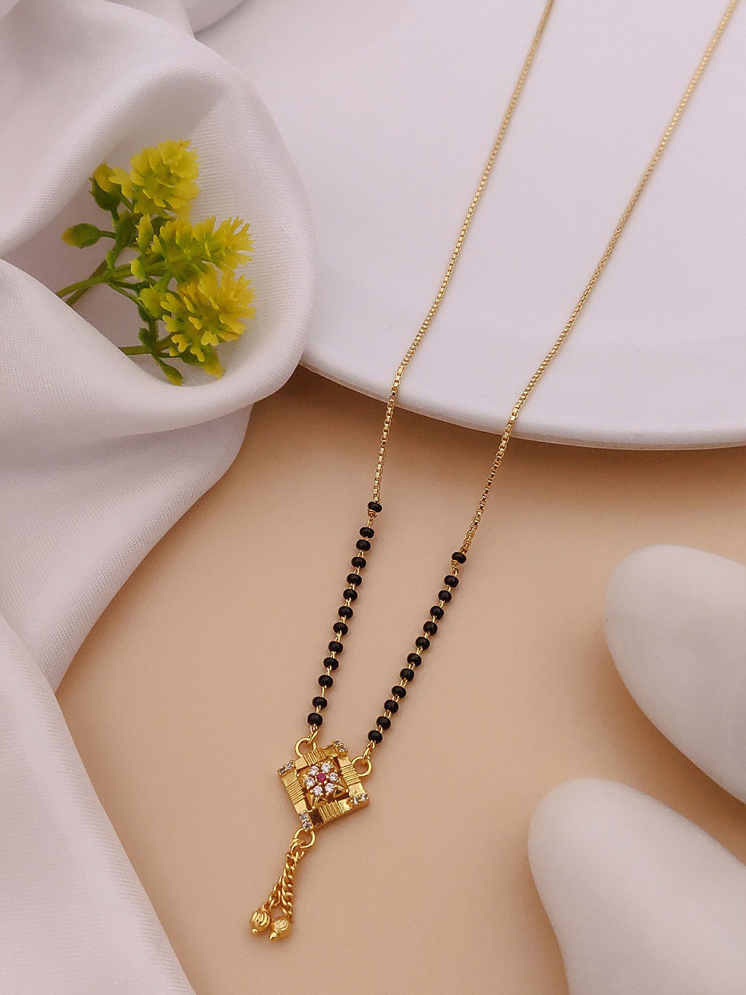 TKRB SALES Gold-Plated American Diamond Studded & Beaded Mangalsutra