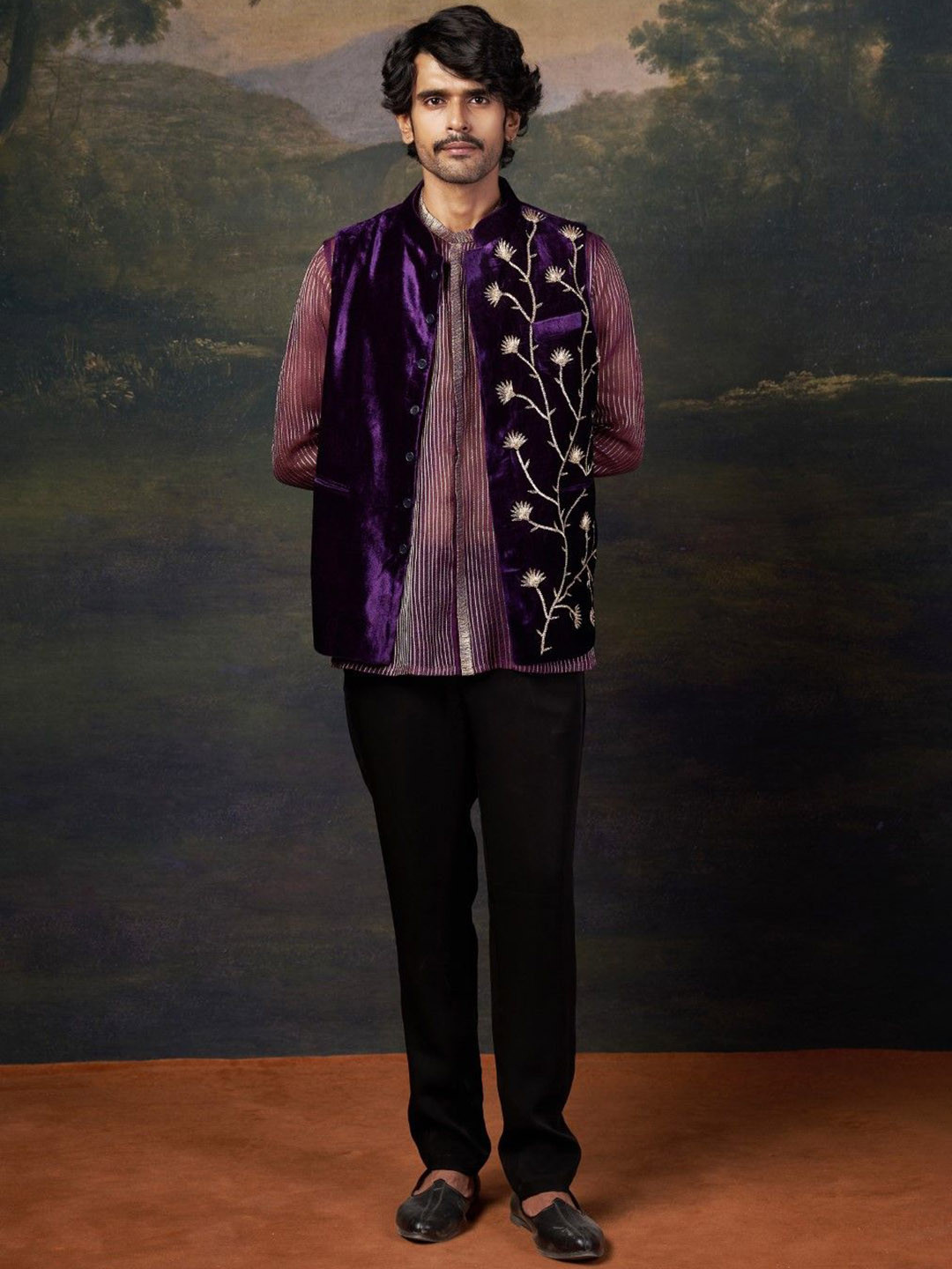 THETAA Embroidered Velvet Nehru Jacket Set