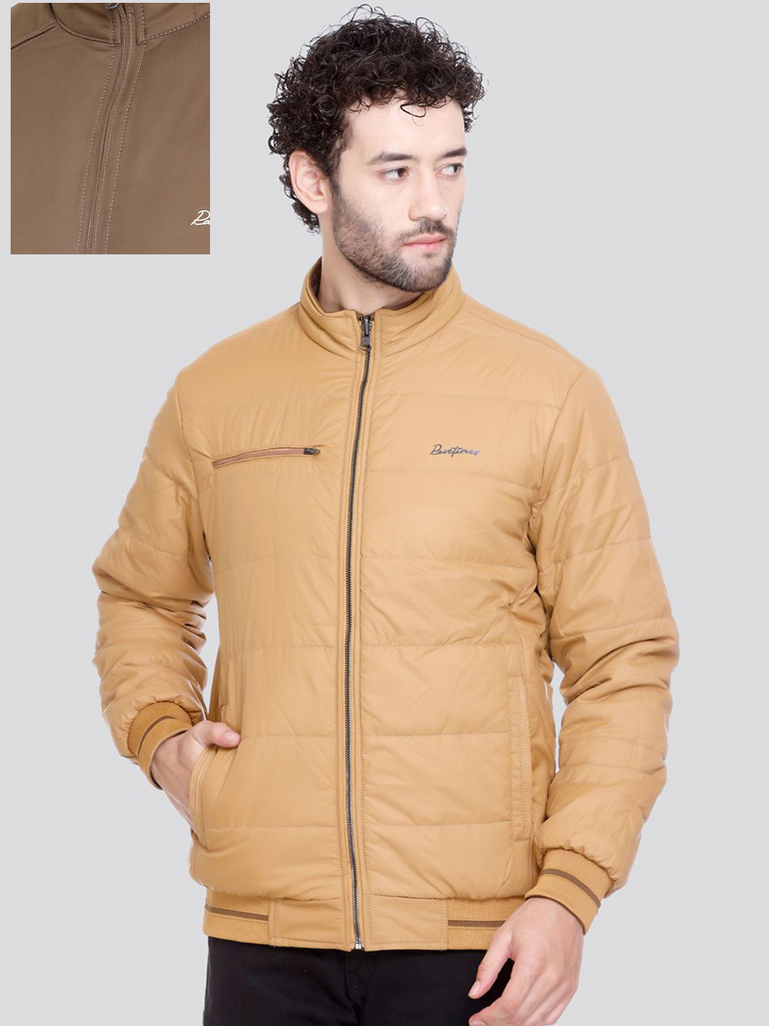 Rare Times Men Stand Collar Self Design Lightweight Casual Puffer Jacket