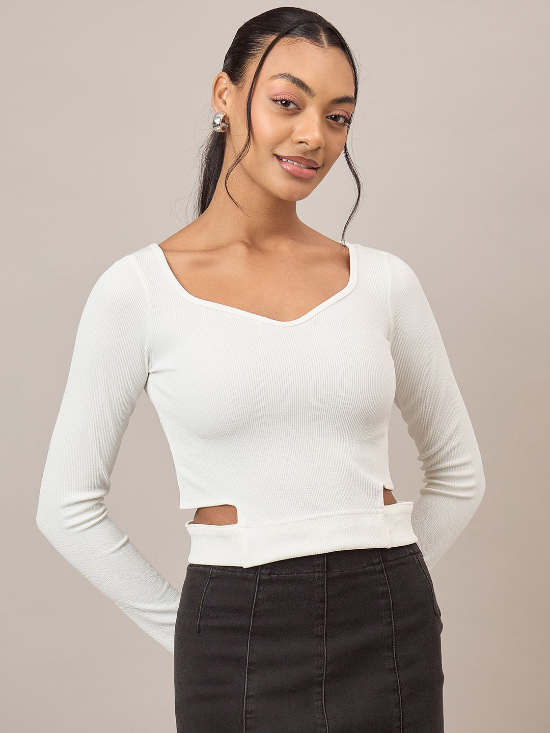 R.Code by The Roadster Life Co. Women Sweetheart Neck Cut Out Detail Ribbed Crop Top
