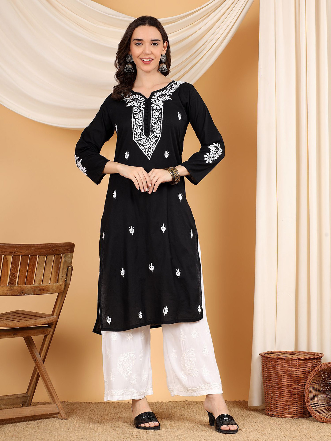 Poshak Chikan Studio Women Hand Embroidered Lucknowi Chikankari Cotton Long Straight Kurta