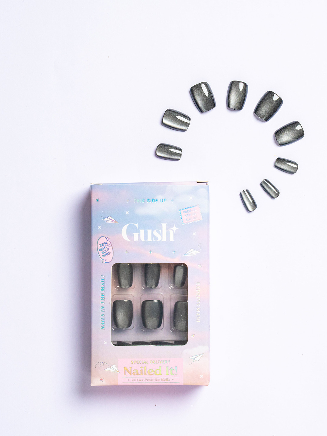 Gush Beauty Set Of 24 Reusable Press On Nails With Application - Black Cat Energy