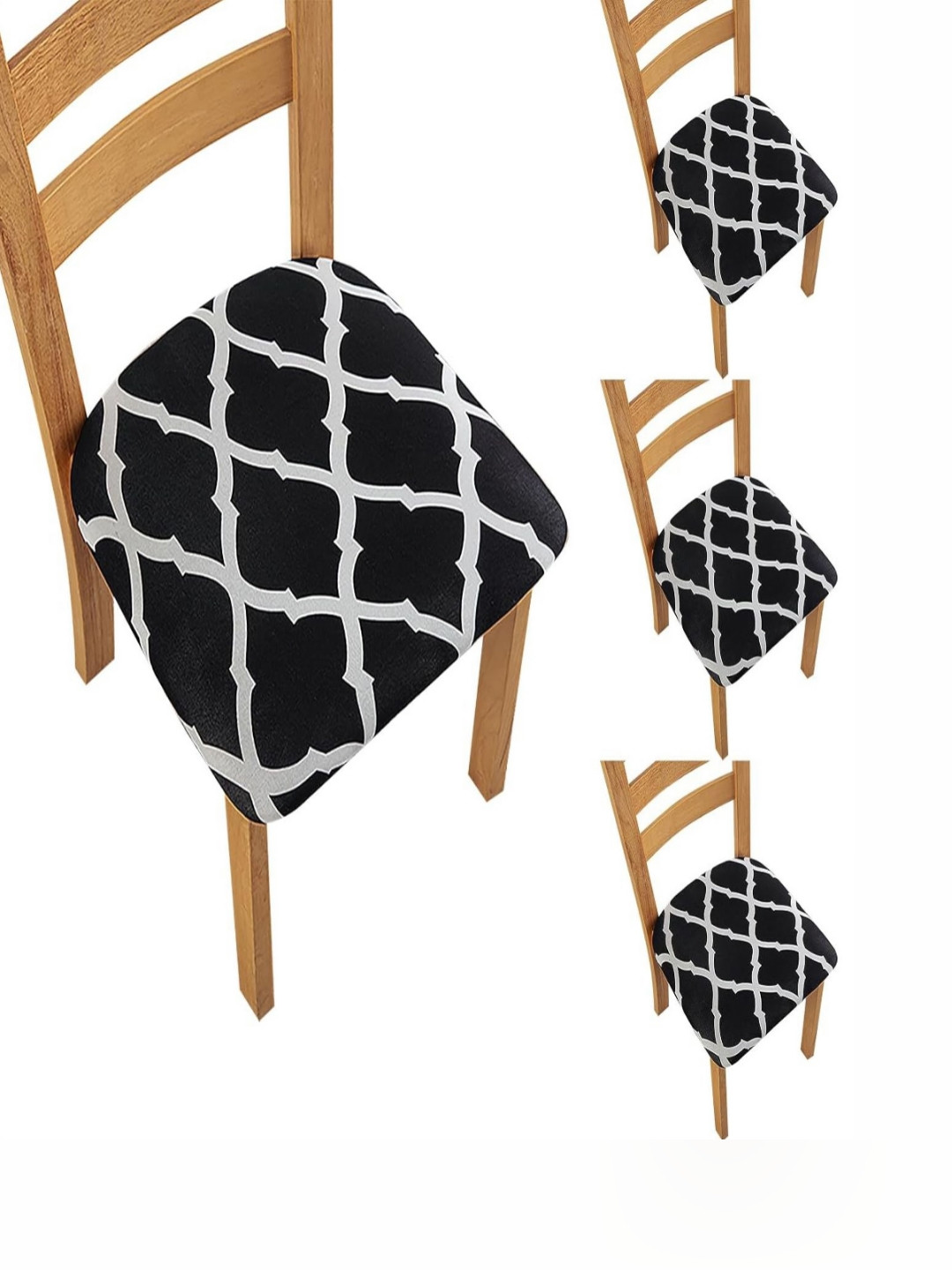 HOUSE OF QUIRK 4 Piece White & Black Printed Elastic Chair Seat Cover