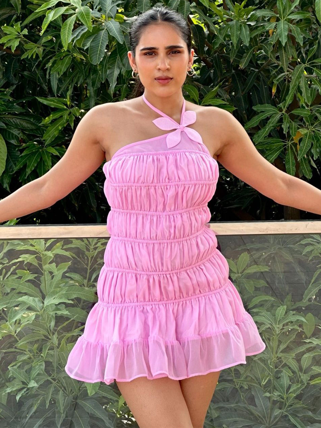 Myclo Rosette Halter Neck Georgette A-Line Mini Dress