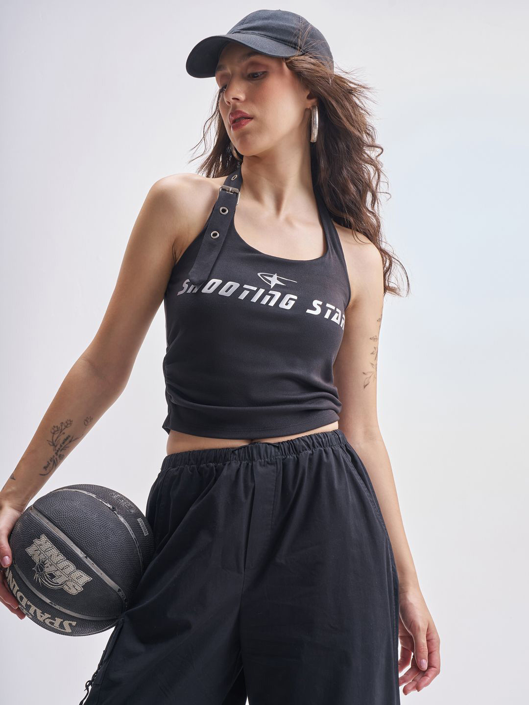 Street By Tokyo Talkies Women Printed Halter Neck Fitted Crop Top