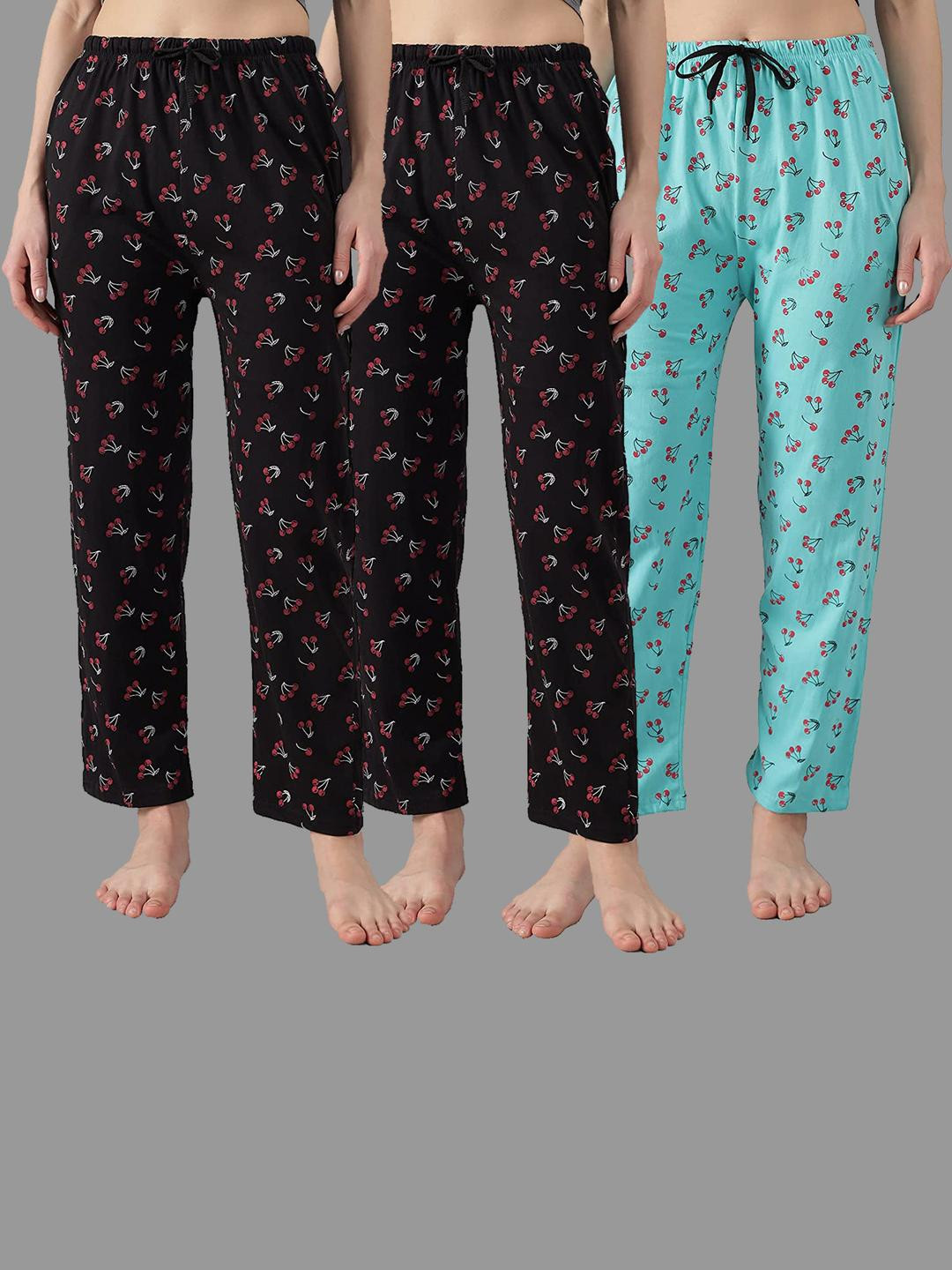 TRENDY WORLD Women Pack Of 3 cherries Printed With Side Pockets Cotton Pyjamas