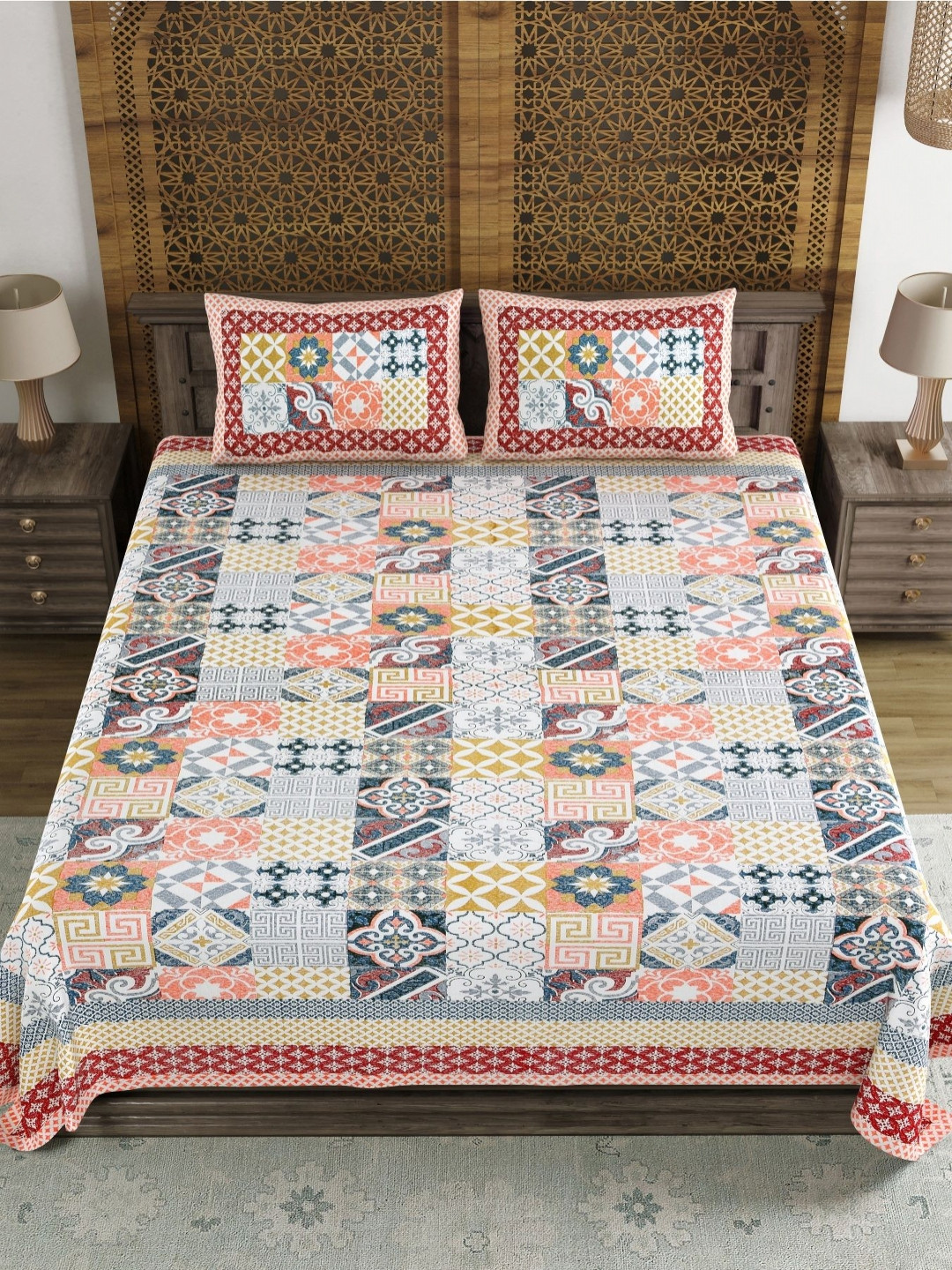 Sangria Green & Maroon Ethnic Pure Cotton 210TC Double King Bedsheet Set-2.74mx2.28m