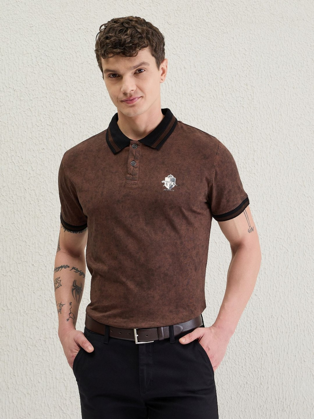 Iconic Men Washed Effect Solid Polo Collar Cotton T-shirt