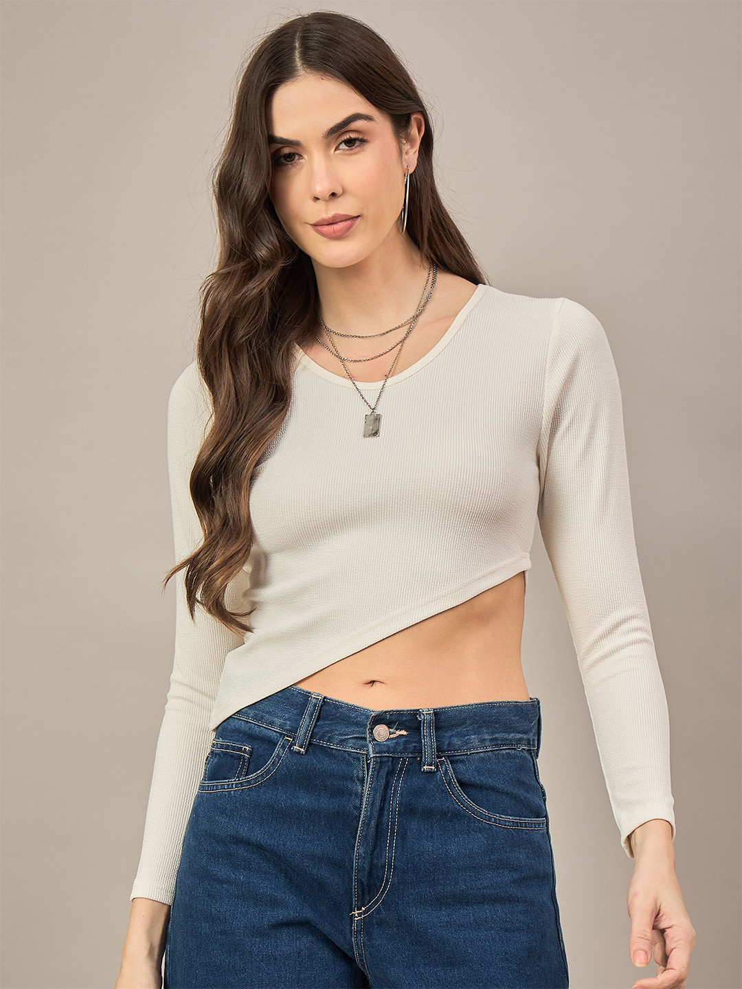 R.Code by The Roadster Life Co. Women Ribbed Round Neck Asymmetric Hem Crop Top