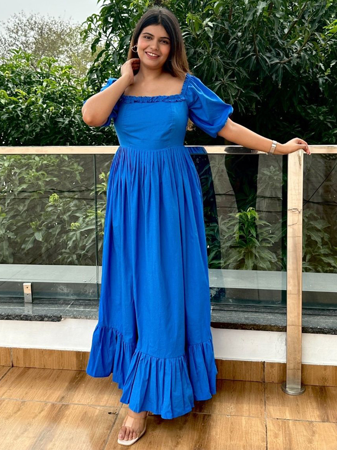 Myclo Day Dreaming Women Cotton Puff Sleeve Fit & Flare Maxi Dress