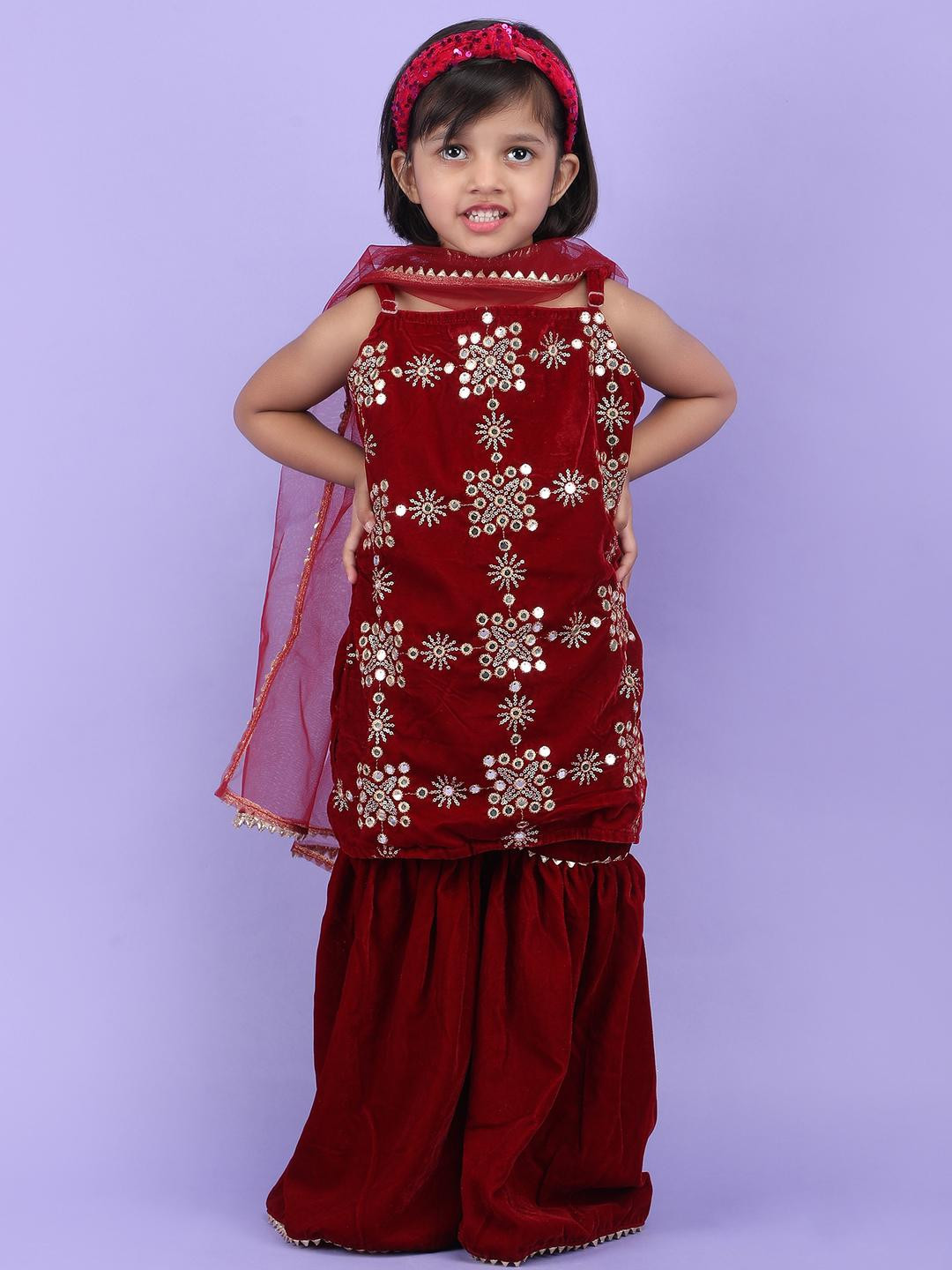Modish Girls Maroon Party Kurta & Sharara With Dupatta