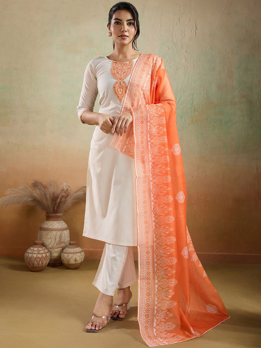 Women Basket Embroidered Pure Cotton Round Neck Straight Kurta With Trousers & Dupatta