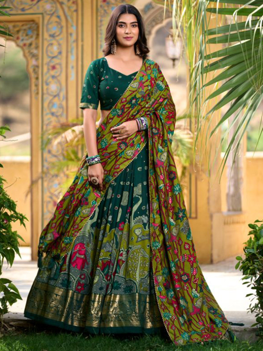 Aavisa Queency Printed Kalamkari Silk Ready to Wear Lehenga & Unstitched Blouse & Dupatta