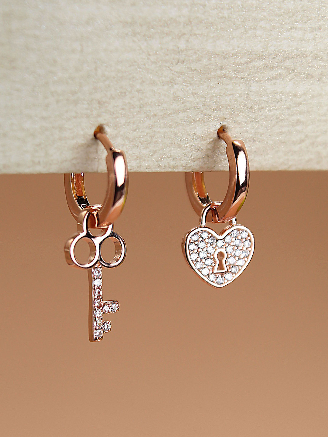 DEVASHREE 925 Sterling Silver Rhodium-Plated CZ Studded Mismatch Lock Key Hoop Earrings