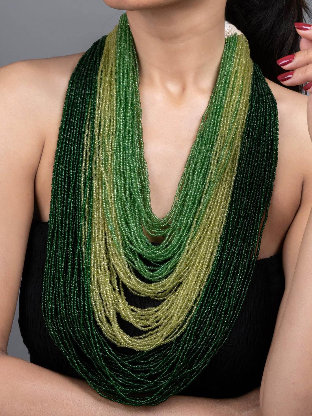 Look and Adorn 5 Green Shades Multi-Layered Czech Bead Statement Necklace