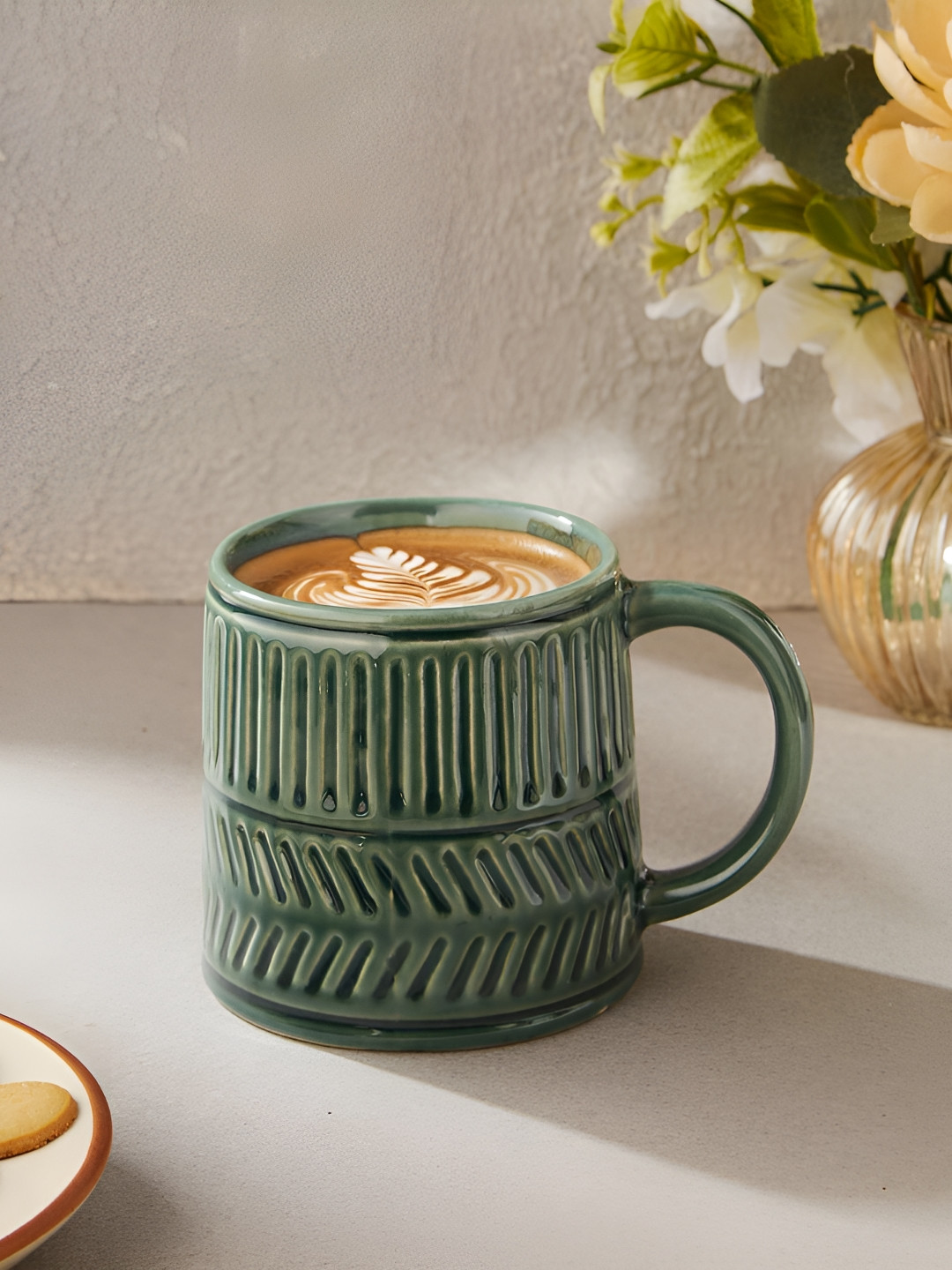 Fabindia Neev Green Striped Textured Ceramic Mug 300 ml