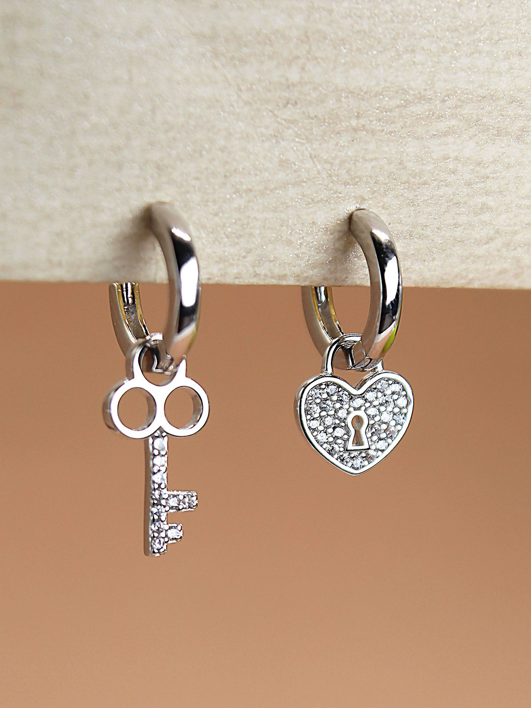 DEVASHREE 925 Sterling Silver Rhodium-Plated CZ Studded Lock Key Shaped Hoop Earrings