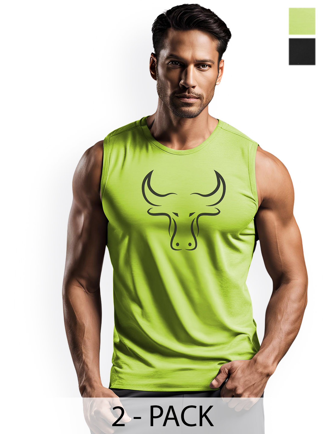 3Colors Pack Of 2 Printed Dri-FIT Sleeveless Gym Vests VEST-2C-CCUT-BLK SPARK_GREEN BULL_M