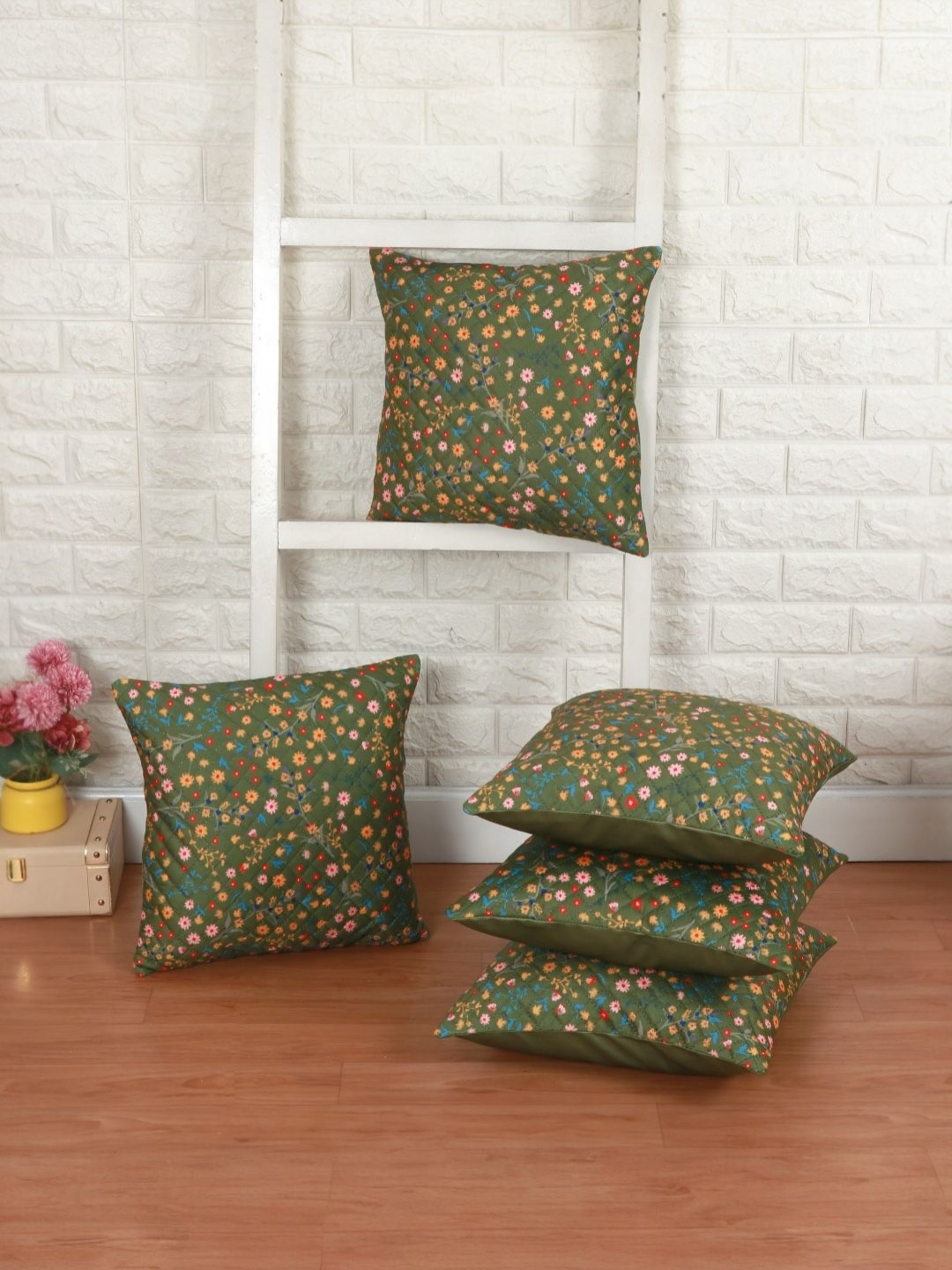 WISE HOME Green & Yellow 5 Pieces Floral Velvet Square Cushion Covers