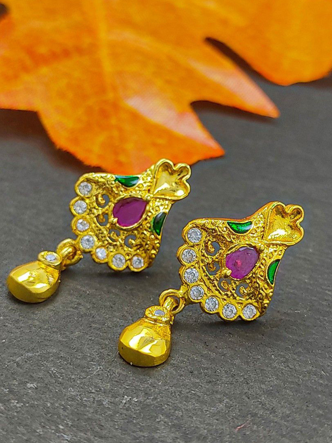 Saizen Gold-Plated Artificial Stones Studded Meenakari Teardrop Shaped Drop Earrings