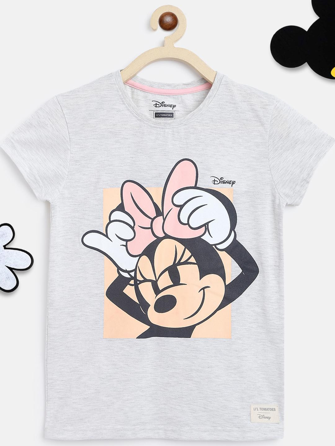 Lil Tomatoes Girls Grey Color Causal Mickey Mouse Print Round Neck Cotton Top