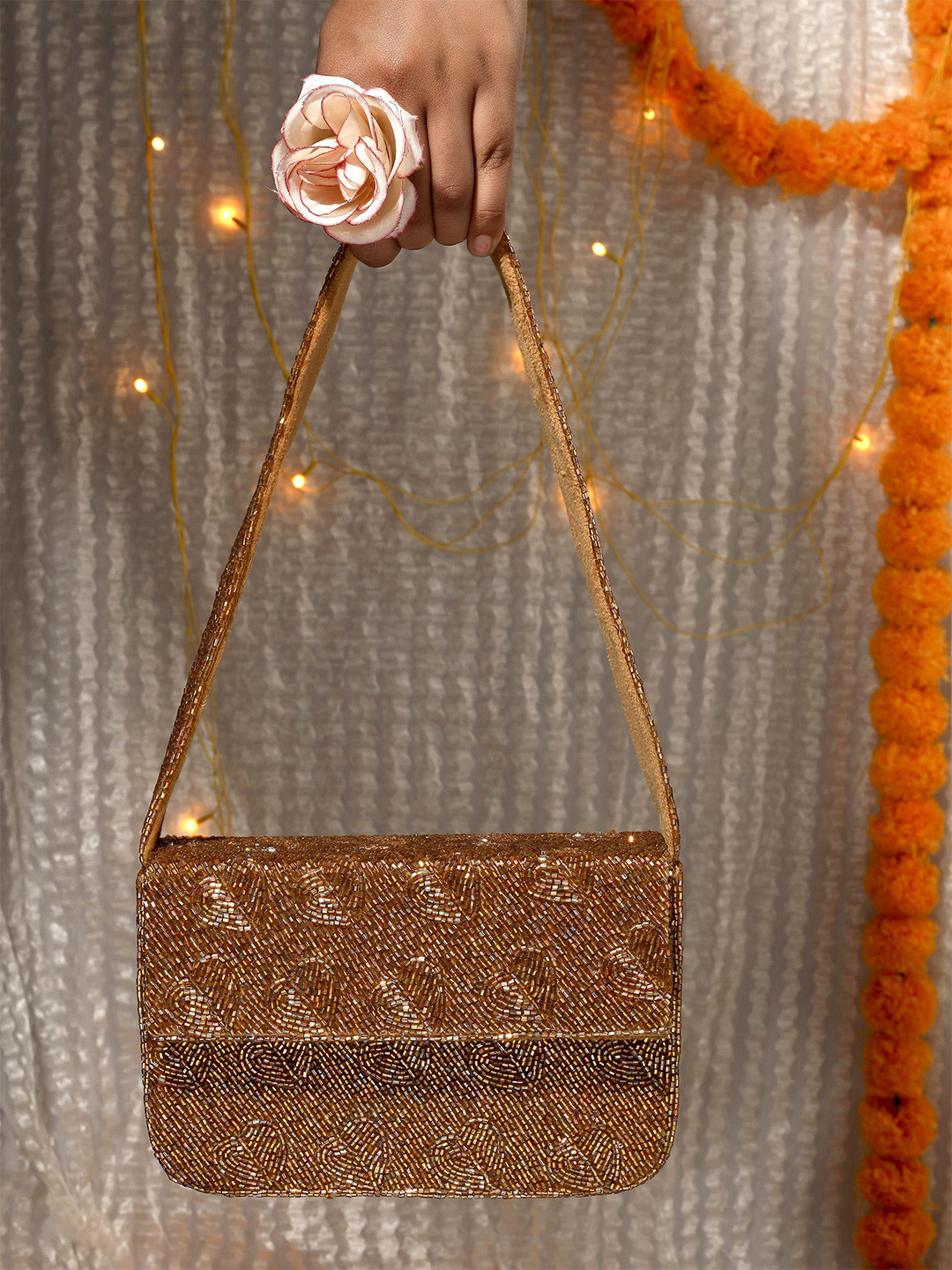 A Clutch Story Printed Embellished Structured Handheld Bag
