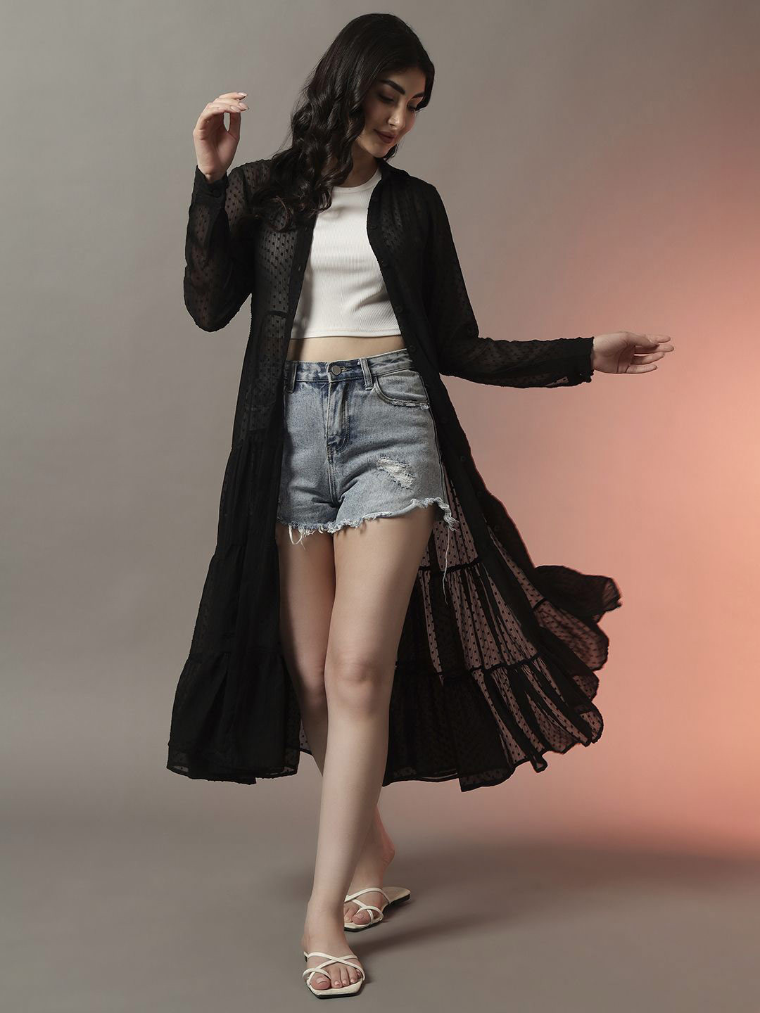 Trend Arrest Textured Mandarin Collar Long Dobby Shrug