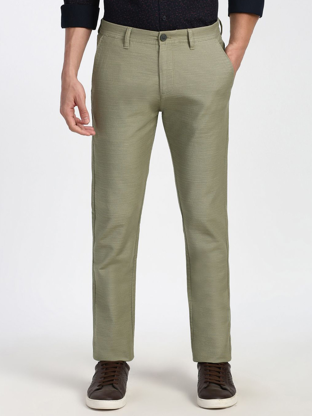 Peter England Casuals Men  Textured Straight Fit Mid-Rise Formal Trousers