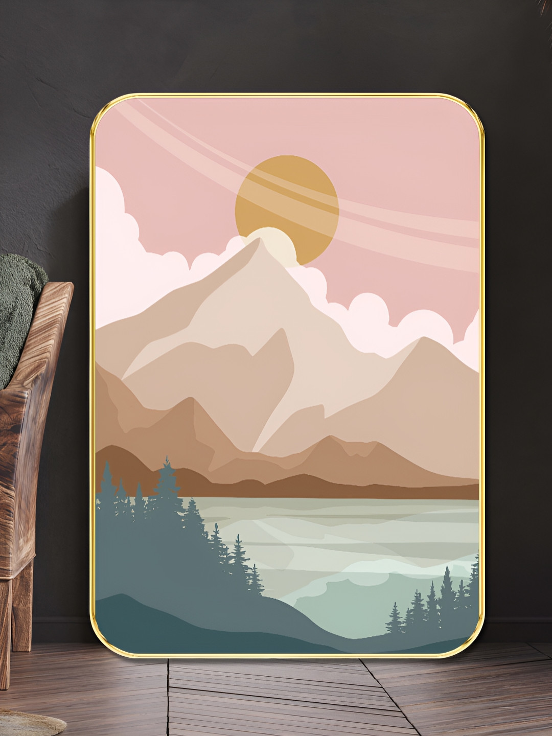 Livin'luxe Pink & Brown Sunrise Mountain Lake Wooden Wall Art