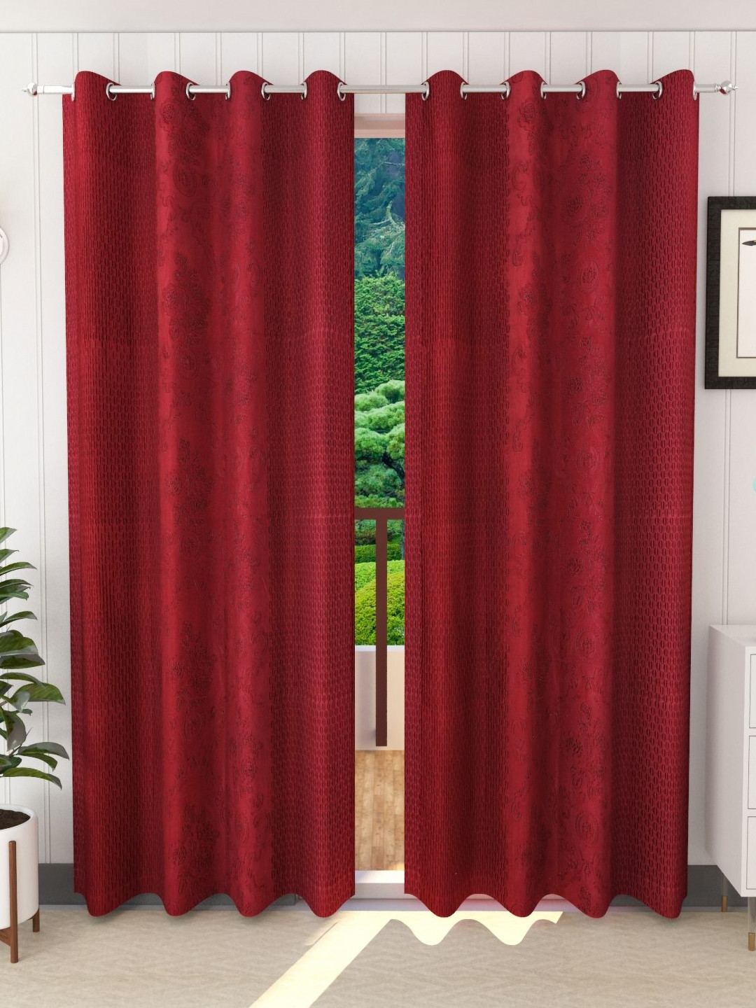 Stella Creations Maroon Set of 2 Floral Printed Room Darkening Door Curtains