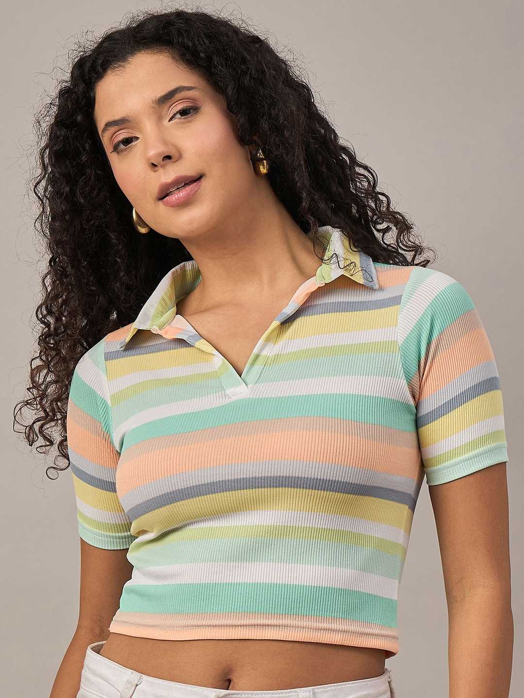 R.Code by The Roadster Life Co. Women Ribbed Striped Shirt Collar Fitted Crop Top
