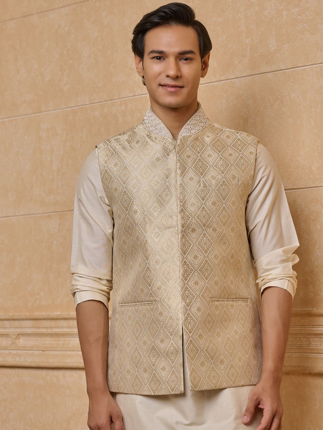 Tasva Ivory Classic Brocade Nehru Jackets