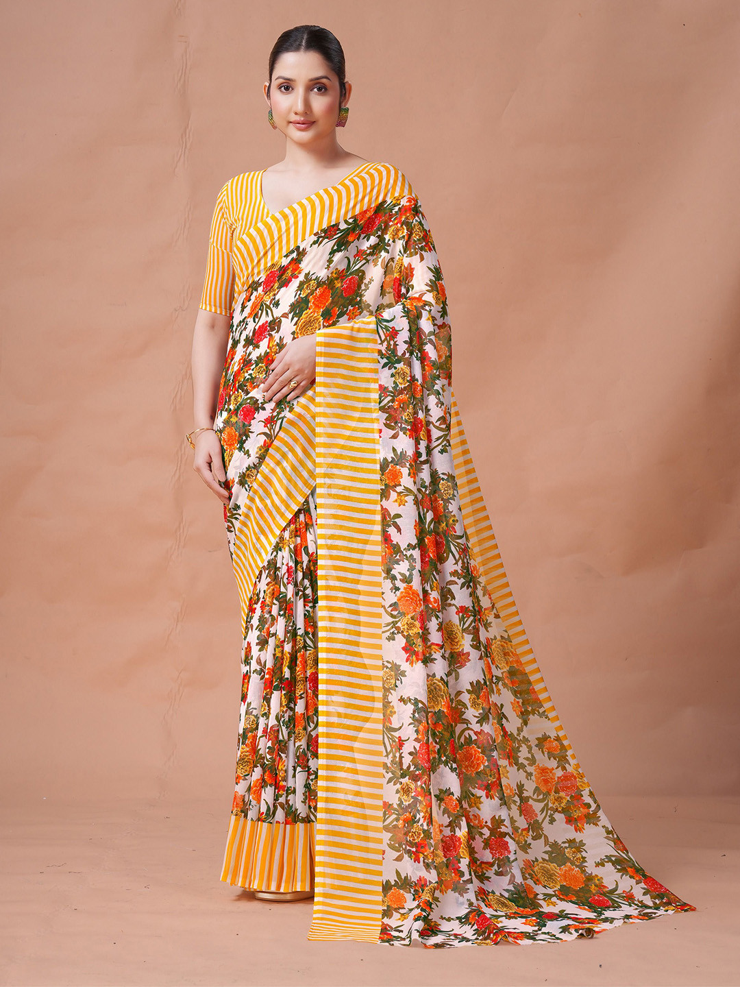 Garden Vareli Floral Printed Striped Border Pure Georgette Saree