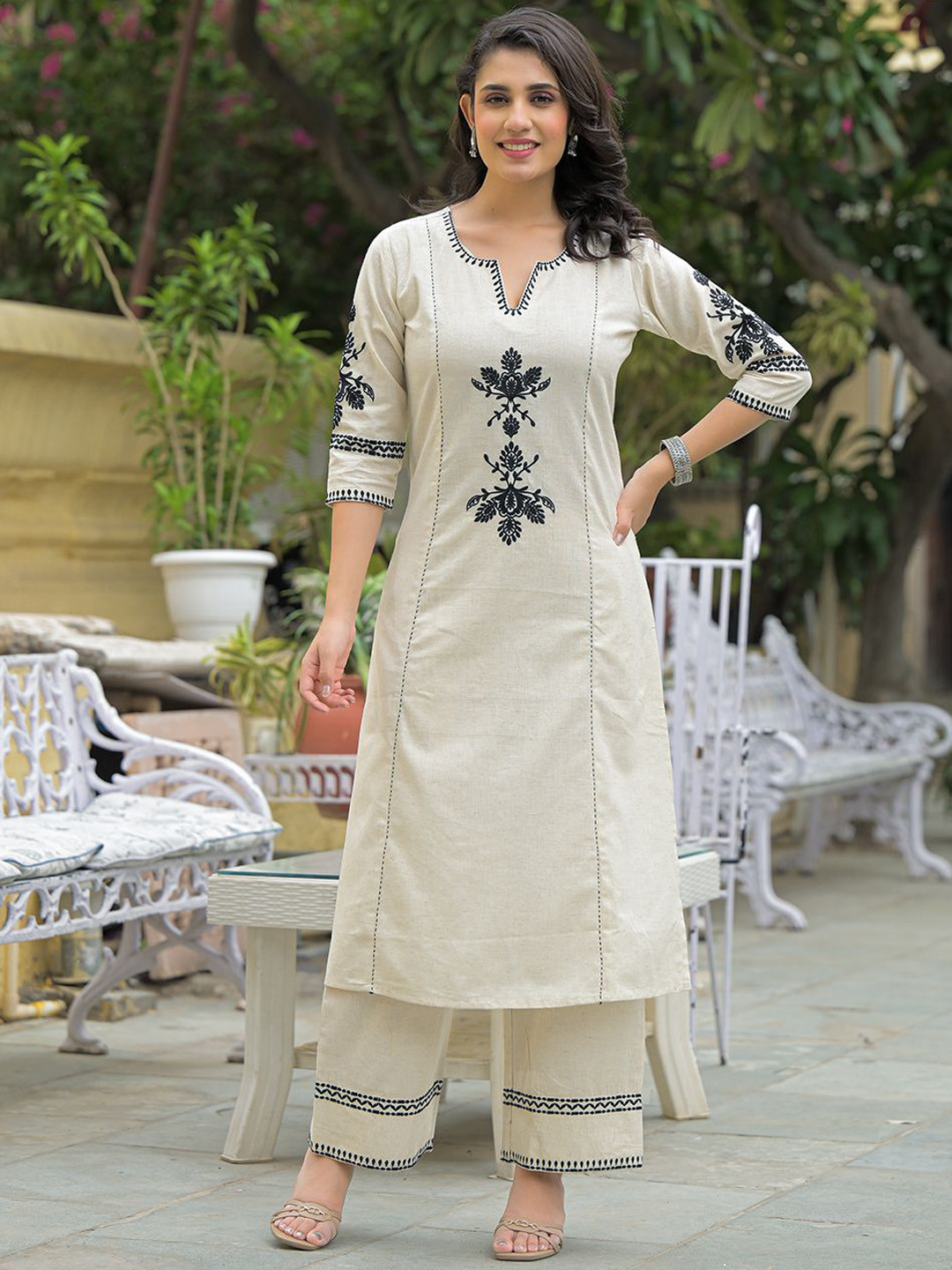 Divena Women Ethnic Motifs Embroidered Cotton A-Line Kurta with Trousers